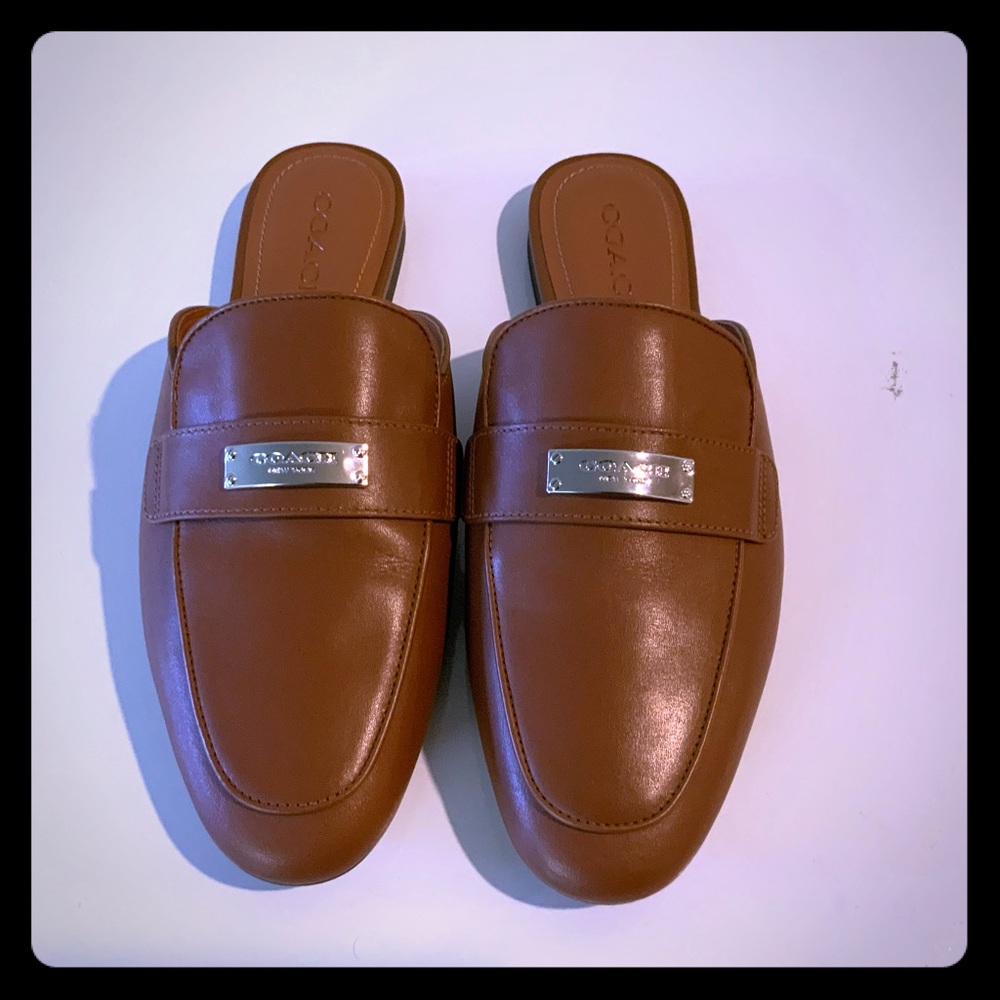 Coach Brown Leather Backless Loafers with Silver Plaque